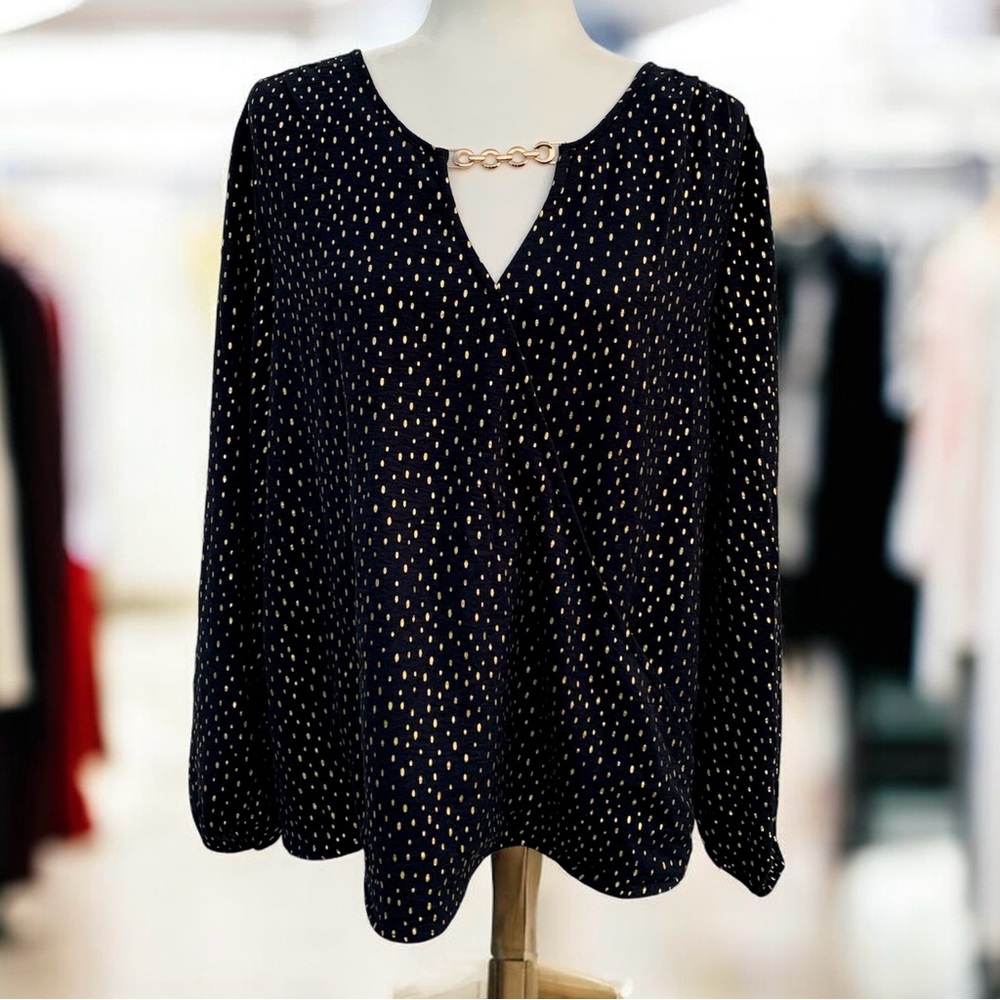 Emily Daniels Black and Gold Polka Dot Faux Wrap Keyhole Blouse ~ Women’s XL